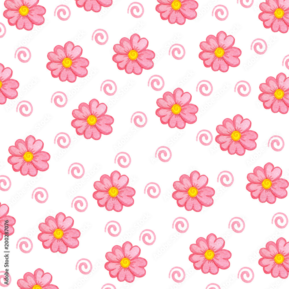Pattern with pink flowers on a white background Watercolor illustration