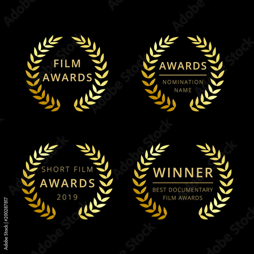 Film awards logotype. Isolated elegant abstract gold gradient emblem. Luxurious congratulating framed template, prize. Celebrating decorative traditional greetings, palms branches in minimalism style.