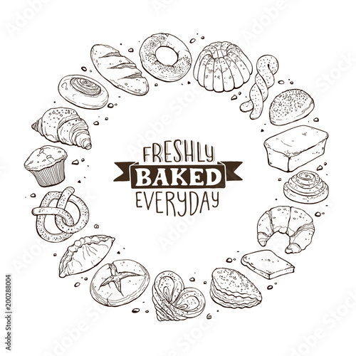 Freshly baked everyday phraze. Round frame from hand drawn bread in sketch style. Vector illustration for bakery shops isolated on white background. Fresh bread in circle shape poster concept.