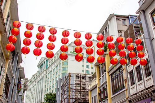 Photography red china lantern hang on building