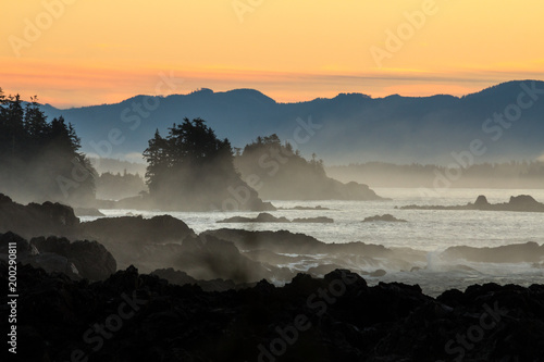 Dramatic dawn over rocky coast of Vancouver Island.