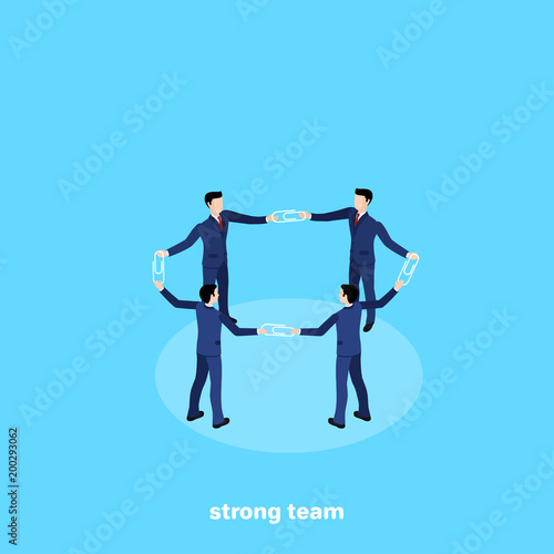 men in business suits stand around holding on to paper clips, isometric image