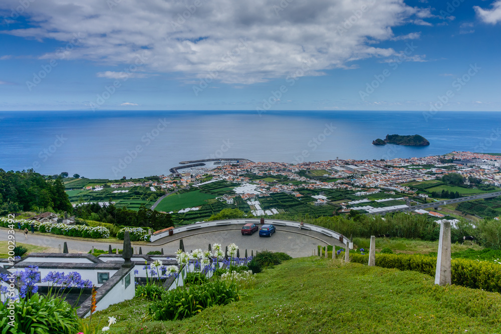 Erial view of Vila Franca do Campo town with its famous volcanic islet near the coast.