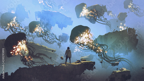 dreamlike scenery of a man looking at giant jellyfishes floating in the sky, digital art style, illustration painting