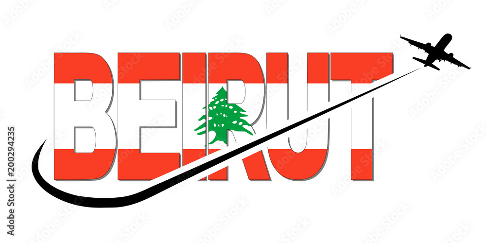 Fototapeta premium Beirut flag text with plane silhouette and swoosh illustration