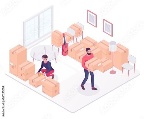 Caucasian white couple moving to a new house and packing boxes. Young woman and man packing stuff in cardboard boxes while moving house. Vector cartoon isometric illustration on white background.