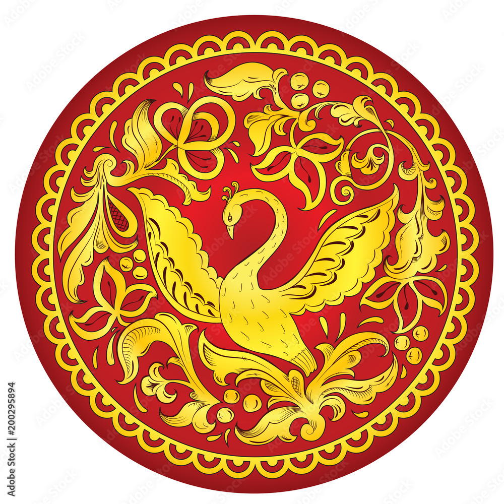 Traditional folk ornament of the Russian North with golden bird of happiness on red background Traditional folk ornament of the Russian North with golden bird of happiness on red background