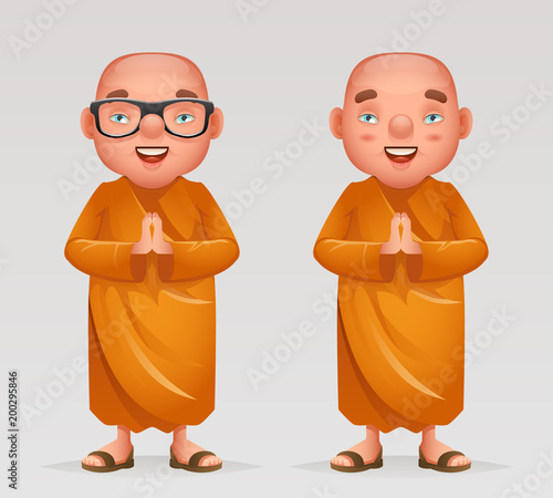 Cute buddhist monk traditional asian buddhism culture religion cartoon 3d realistic character design vector illustration