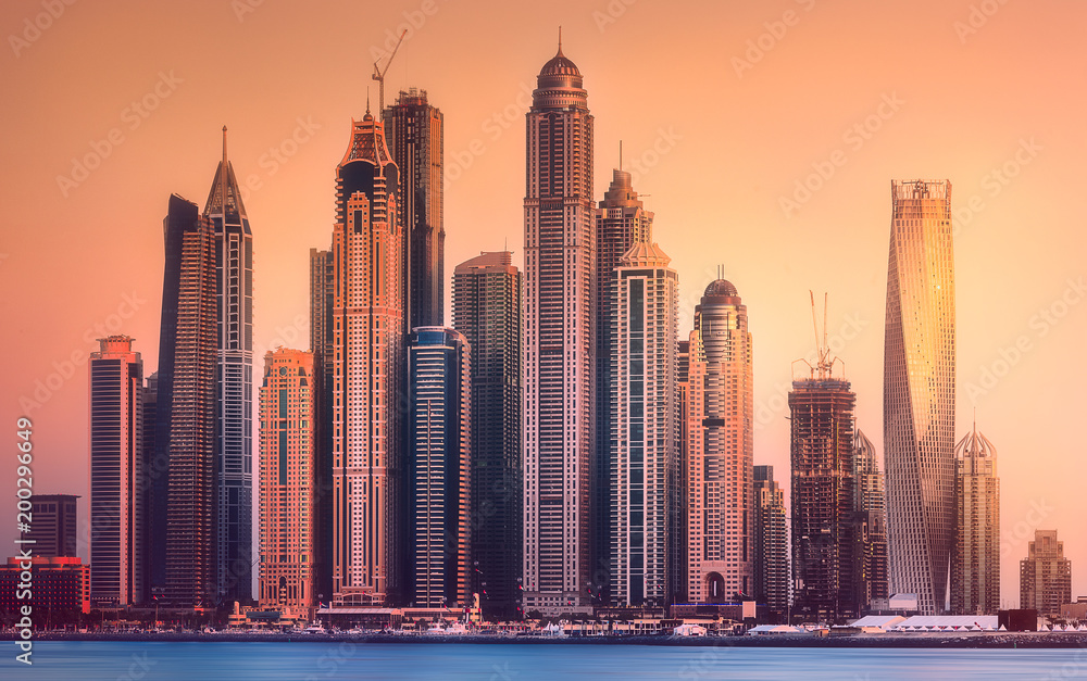 View of Dubai Marina bay during sunset, UAE