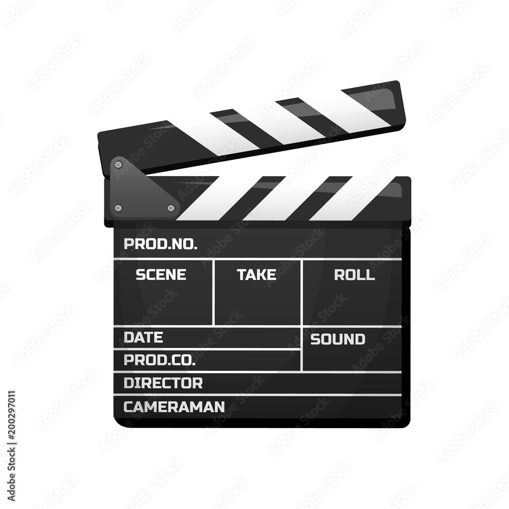 Clapperboard for Movie. Vintage cinema, entertainment and recreation. Retro style, Filmmaking and video cassette for Hollywood studio. Device for actors and directors.