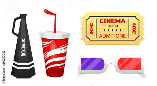 Movie elements. Vintage cinema, entertainment and recreation. Retro poster background. Filmmaking and video cassette. Drink and ticket, 3d glasses and gramophone.