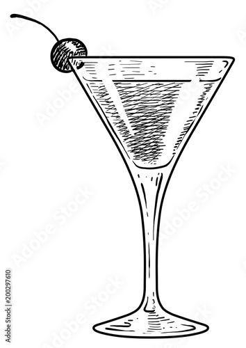 Cocktail illustration, drawing, engraving, ink, line art, vector