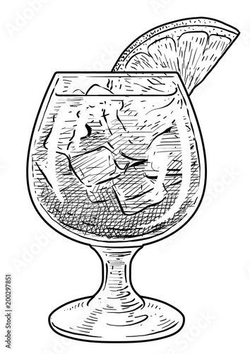 Cocktail illustration, drawing, engraving, ink, line art, vector