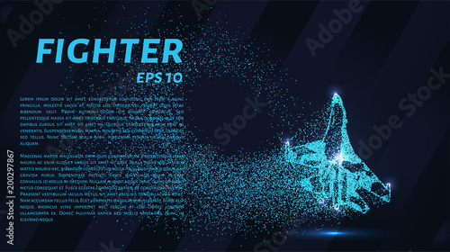 Fighter of the particles. The silhouette of the fighter is of little circles. Vector illustration.