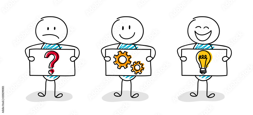 Funny stickman showing icon on a board - business concept. Vector.