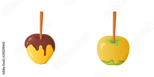 Sweet caramel and chocolate candy apple set. Vector illustration in cartoon style.
