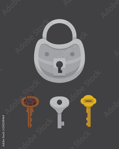 Set of vintage keys and locks. Vector illustration cartoon padlock. Secret, mystery or safe icon.