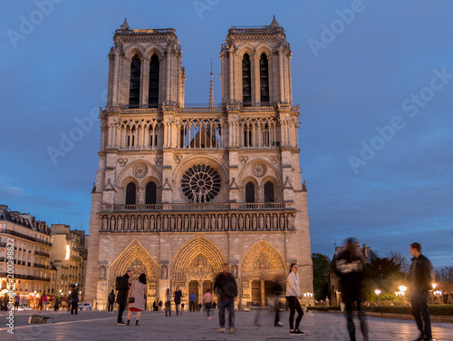Notre Dame cathedral seen just after sunset, beautifully illuminated against the blue sky © Magdalena