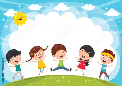 Vector Illustration Of Funny Kids Playing Outside