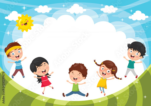 Vector Illustration Of Funny Kids Playing Outside