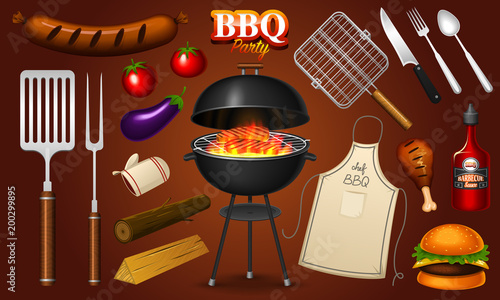 Barbecue grill elements set isolated on red background. BBQ party. Summer time. Meat restaurant at home. Charcoal kettle with tools, sauce and foods. Kitchen equipment for menu. Cooking outdoors.