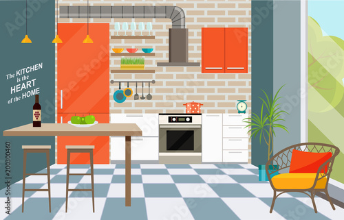 Kitchen interior with bar counter, window. Loft interior. Vector flat style  illustration.