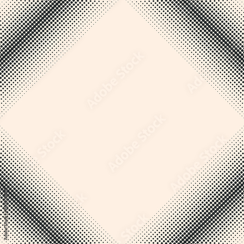 Vector monochrome halftone pattern, abstract texture with gradually transition dots in square form, diagonal frame. Abstract geometric background. Design element for prints, covers, decor, digital