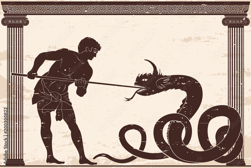 Naklejka Ancient Greek warrior with a spear in his hands is kills a big snake. Old beige paper with national ornament and the aging effect.