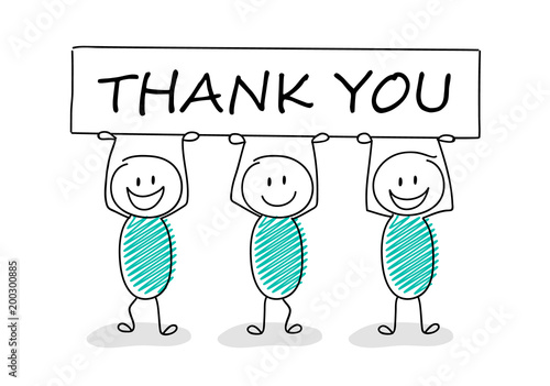 Funny business illustration - cartoon stickman holding a banner with slogan: thank you. Vector.