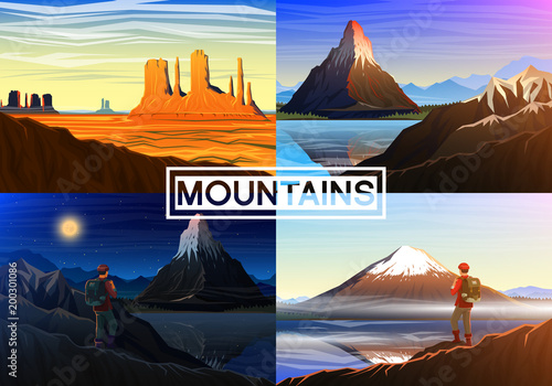 Mountain everest, matterhorn, Fuji with tourist, Monument Valley, morning panoramic view, peaks and landscape. Outdoor hill tops. Design for poster or background or cards.
