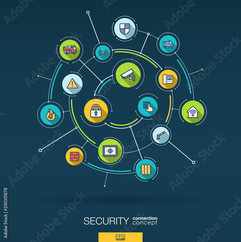 Abstract security, safety access control background. Digital connect system with integrated circles, flat icons, long shadows. Network interact interface concept. Cctv vector infographic illustration
