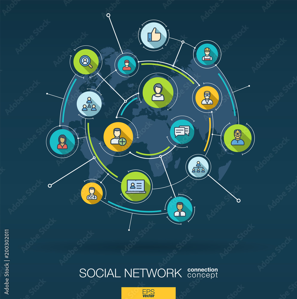 Abstract social network background. Digital connect system with integrated circles, flat thin line icons, long shadows. Network interact interface concept. Vector infographic illustration Abstract social network background. Digital connect system with integrated circles, flat thin line icons, long shadows. Network interact interface concept. Vector infographic illustration