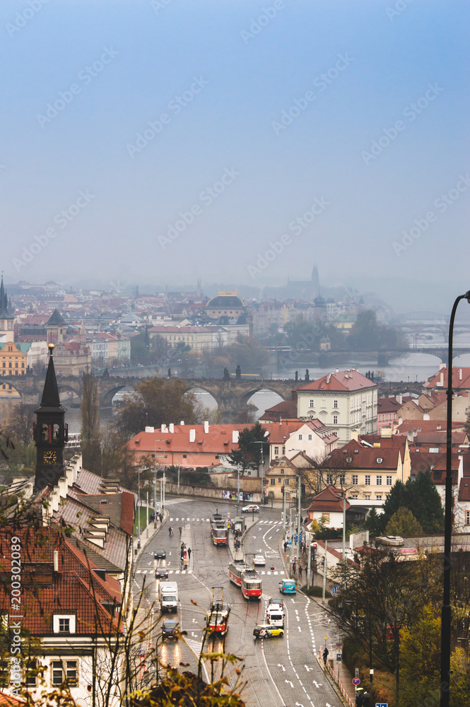 Top view of Prague old town streets from the Letna park view point, Charles bridge and Vltava river 