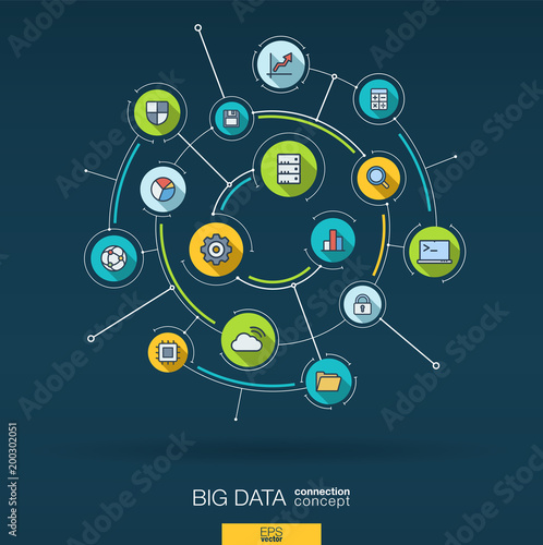 Abstract big data analytics background. Digital connect system with integrated circles, flat icons. Network interact interface concept. Storage center, bigdata vector infographic illustration