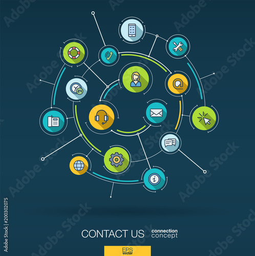 Abstract contact us, call center background. Digital connect system with integrated circles, flat icons. Network interact interface concept. Technical support service vector infographic illustration