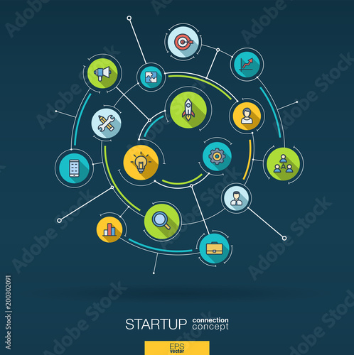 Abstract startup project, development background. Digital connect system, integrated circles, flat icons. Network interact interface concept. Idea bulb, rocket launch vector infographic illustration
