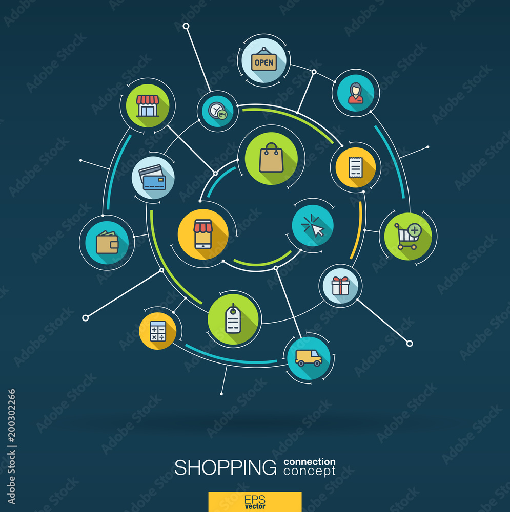 Abstract online shopping background. Digital connect system, integrated circles, flat icons, long shadows. Network interact interface concept. Ecommerce, market sales vector infographic illustration Abstract online shopping background. Digital connect system, integrated circles, flat icons, long shadows. Network interact interface concept. Ecommerce, market sales vector infographic illustration