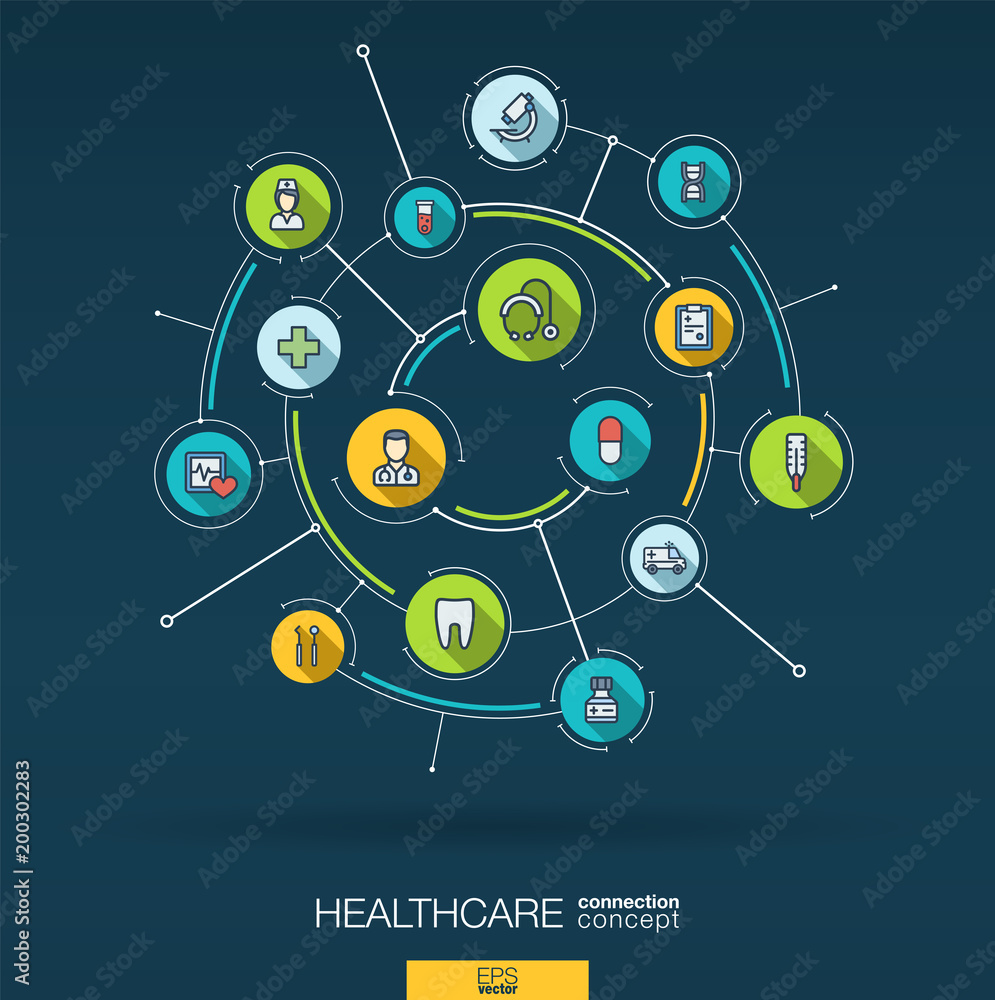 Abstract healthcare, medicine background. Digital connect system with integrated circles, flat icons. Network interact interface concept. Health care, pharmacy service vector infographic illustration Abstract healthcare, medicine background. Digital connect system with integrated circles, flat icons. Network interact interface concept. Health care, pharmacy service vector infographic illustration