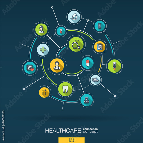Abstract healthcare, medicine background. Digital connect system with integrated circles, flat icons. Network interact interface concept. Health care, pharmacy service vector infographic illustration