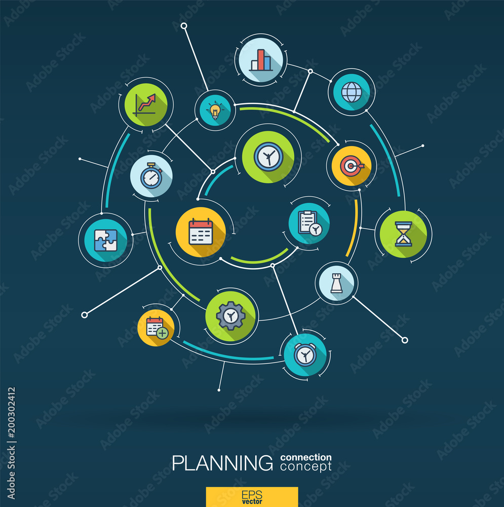Abstract time management, planning background. Digital connect system with integrated circles, flat icons. Network interact interface concept. Business strategy, plan vector infographic illustration