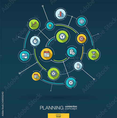 Abstract time management, planning background. Digital connect system with integrated circles, flat icons. Network interact interface concept. Business strategy, plan vector infographic illustration