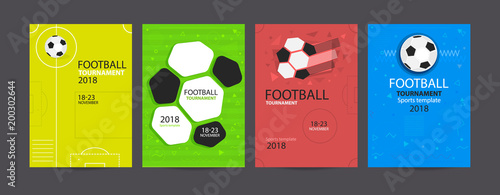 Set of football designs. Collection of bright sports posters, tournament, geometric background. Soccer ball.