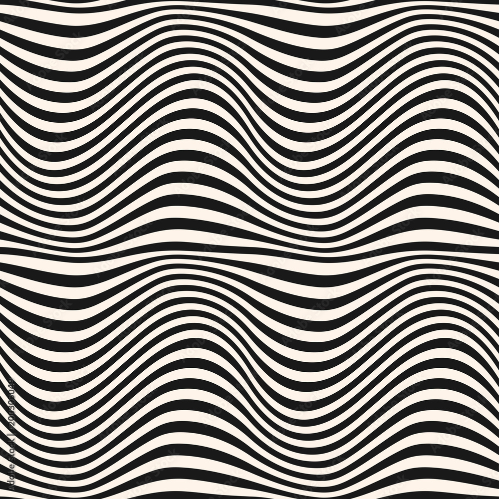Horizontal curved wavy lines pattern. Vector seamless texture with black and white waves, stripes. Dynamical 3D effect, illusion of movement. Modern abstract monochrome background. Repeat design Horizontal curved wavy lines pattern. Vector seamless texture with black and white waves, stripes. Dynamical 3D effect, illusion of movement. Modern abstract monochrome background. Repeat design