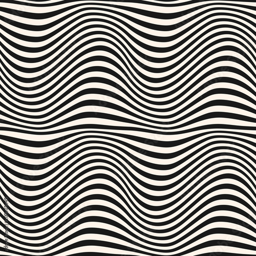 Horizontal curved wavy lines pattern. Vector seamless texture with black and white waves, stripes. Dynamical 3D effect, illusion of movement. Modern abstract monochrome background. Repeat design