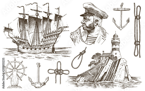 Skipper with pipe. Lighthouse and sea captain, marine sailor, nautical travel by ship. engraved hand drawn vintage style. summer adventure. Seagoing vessel and rope knots. Boat wheel and anchor.