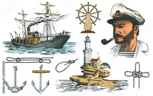 Boatswain with pipe. Lighthouse and sea captain, marine sailor, nautical travel by ship. engraved hand drawn vintage style. summer adventure. Seagoing vessel and rope knots. Boat wheel and anchor.