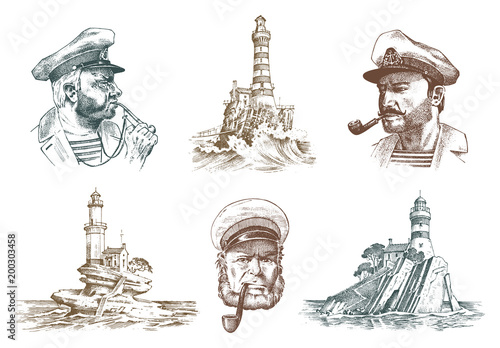 Portrait of a sea captain. Marine old sailor and Lighthouse. Bluejacket, whistle and seaman with beard or men seafarer. travel by ship or boat. engraved hand drawn vintage sketch. Boatswain with pipe.