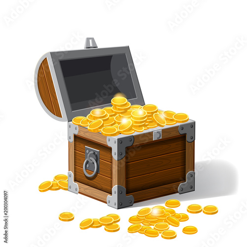 Piratic trunk chests with gold coins treasures. . Vector illustration. Catyoon style, isolated