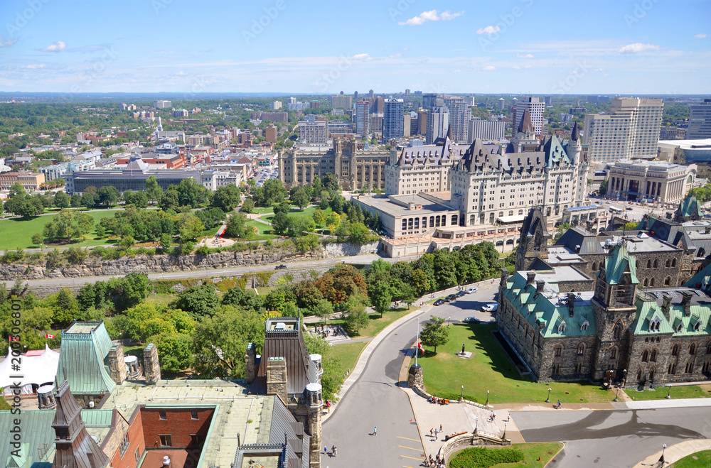 Aerial view of East Block of Parliament Building and Chateau Laurier from Peace Tower, Ottawa, Ontario, Canada.