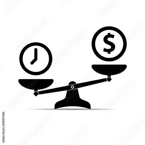 Scales icon. Money and time. Vector black scale single symbol.